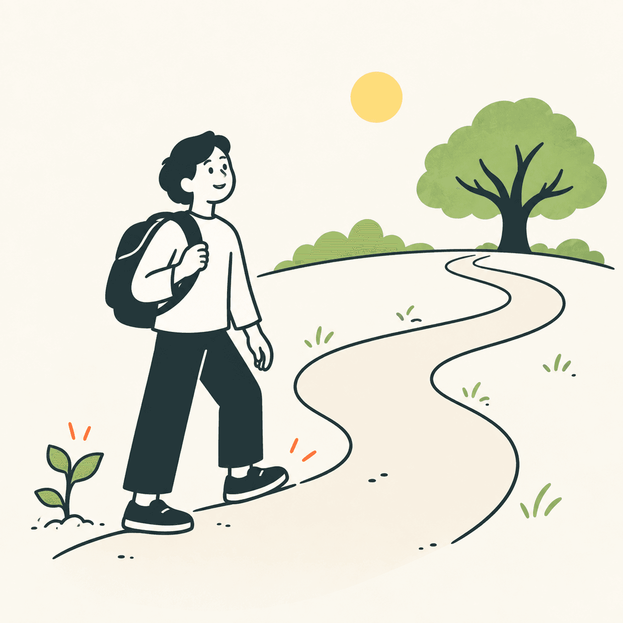 Una persona contemporanea comincia a camminare su un sentiero accanto a un germoglio; un albero si vede più avanti. Metafora editoriale, non ritratto di Laozi.