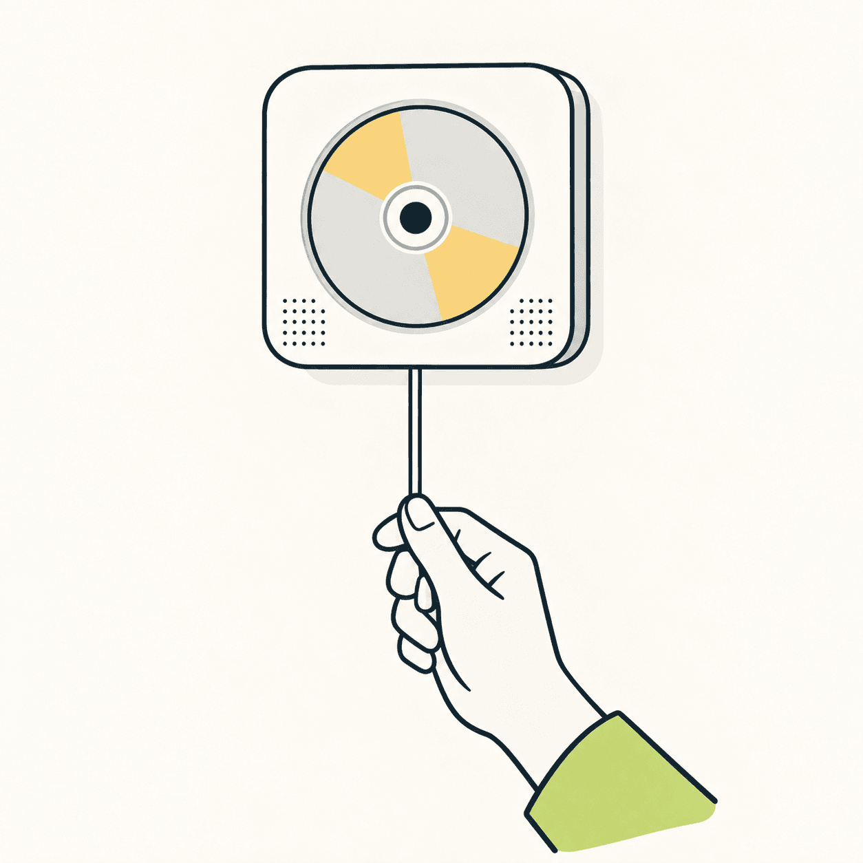 Una mano tira il cordino di un lettore CD quadrato da parete, in una libera illustrazione editoriale del gesto progettato da Fukasawa.