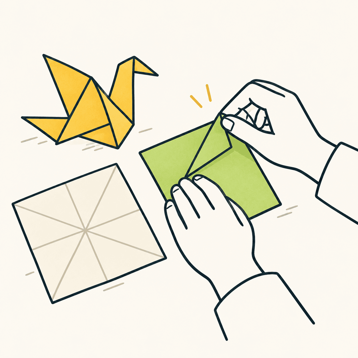 Due mani piegano un foglio verde accanto a un uccello di carta giallo e a un foglio con pieghe visibili: metafora editoriale del termine origami.